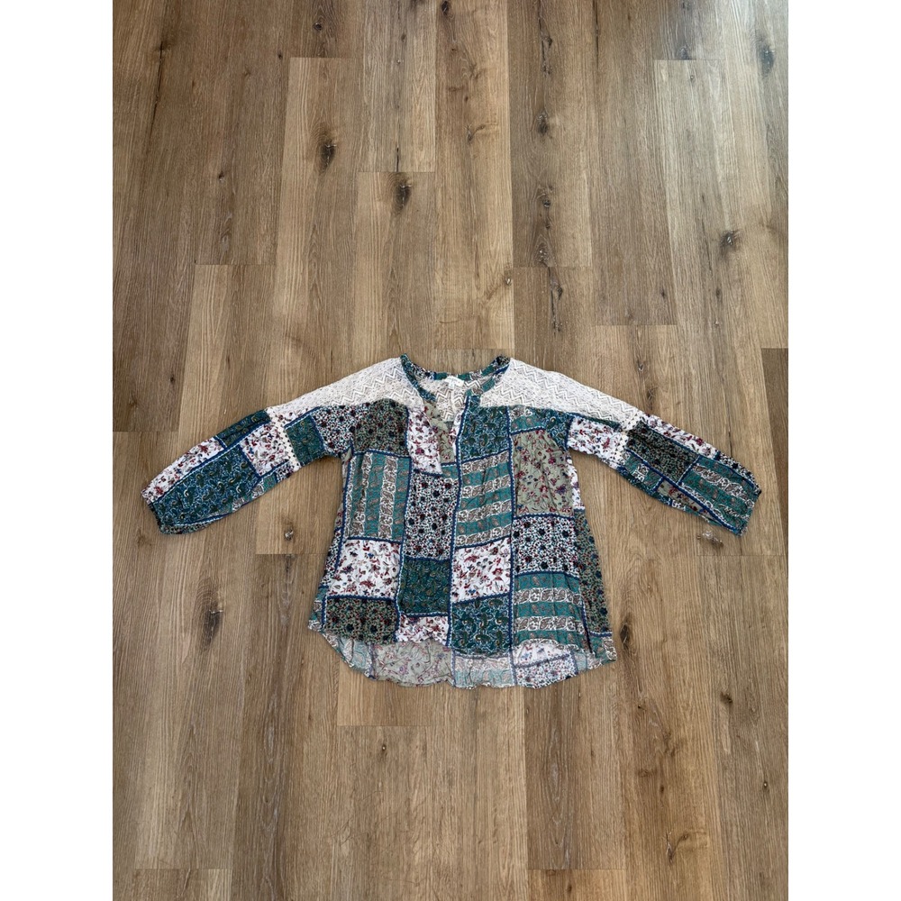 Umgee Patchwork Blouse Womens XL Teal Green Floral Paisley Lace Boho Peasant